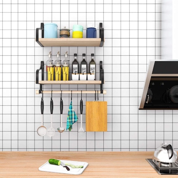 Set of 2 Rustic Wood Wall Storage Shelves + Hooks - Picture 5 of 7